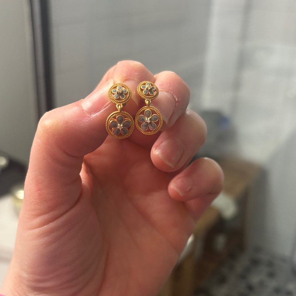 Freida Rothman gold and gray flower earrings, stamped 925